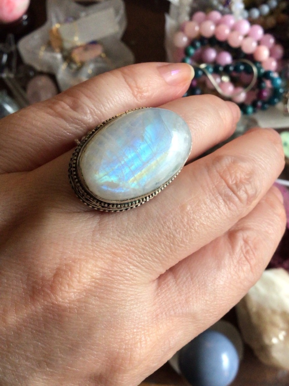 Moonstone Oval Statement Ring - Iridescent Blue Sheen